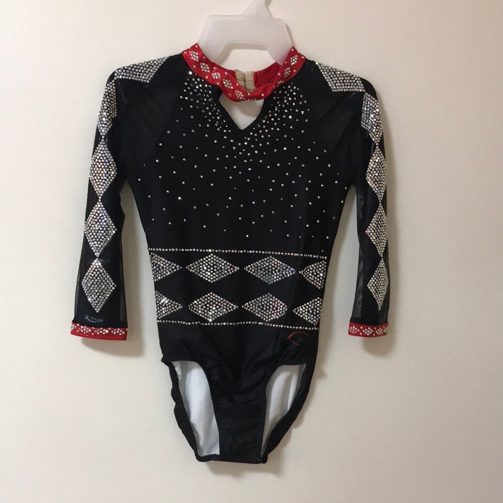 Ozone Black and Red Competition Leotard with Rhinestones Sparkly